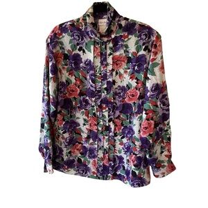 Bleyle Y2K Purple Red Green Floral Button-Up Blouse Polka Dots Fairycore L/XL